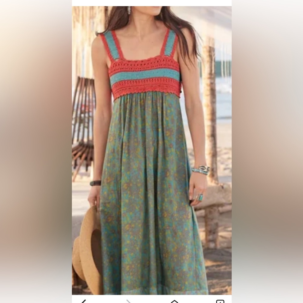 Sundance coral and blue midi dress with crocheted top